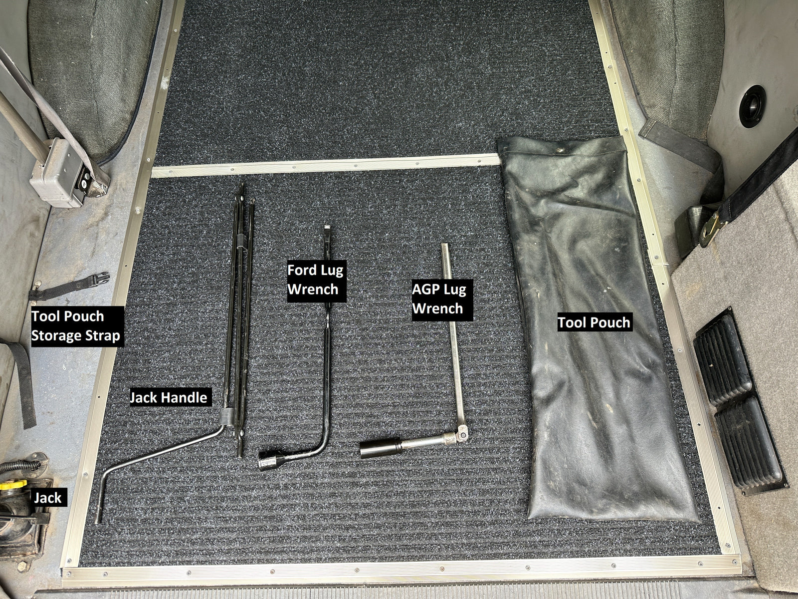 RV rental essential tools: jack, handle, Ford/AGP lug wrenches, and storage pouches for vehicle maintenance.