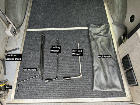 RV rental essential tools: jack, handle, Ford/AGP lug wrenches, and storage pouches for vehicle maintenance.