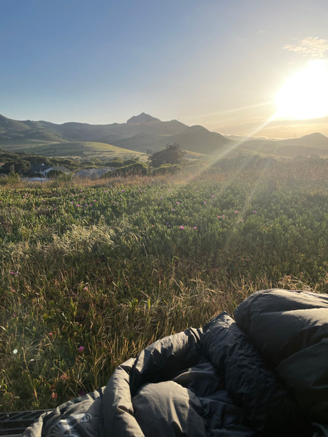 Cozy RV rental outdoor view: person nestled in foreground, lush hills, purple flowers, and bright sun rays over the landscape.