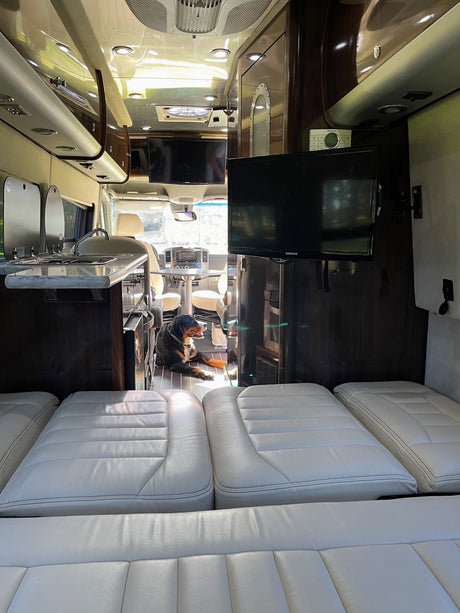 Inside a premium RV rental: sleek interior with a kitchen, TV, comfortable seating, and a dog relaxing.