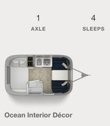 RV rental floor plan: 1 axle, sleeps 4. Features bed, kitchen, bath, dinette, with an Ocean Interior Décor.
