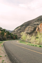Your RV rental adventure awaits! A white van on a winding road through mountains and new spring foliage.