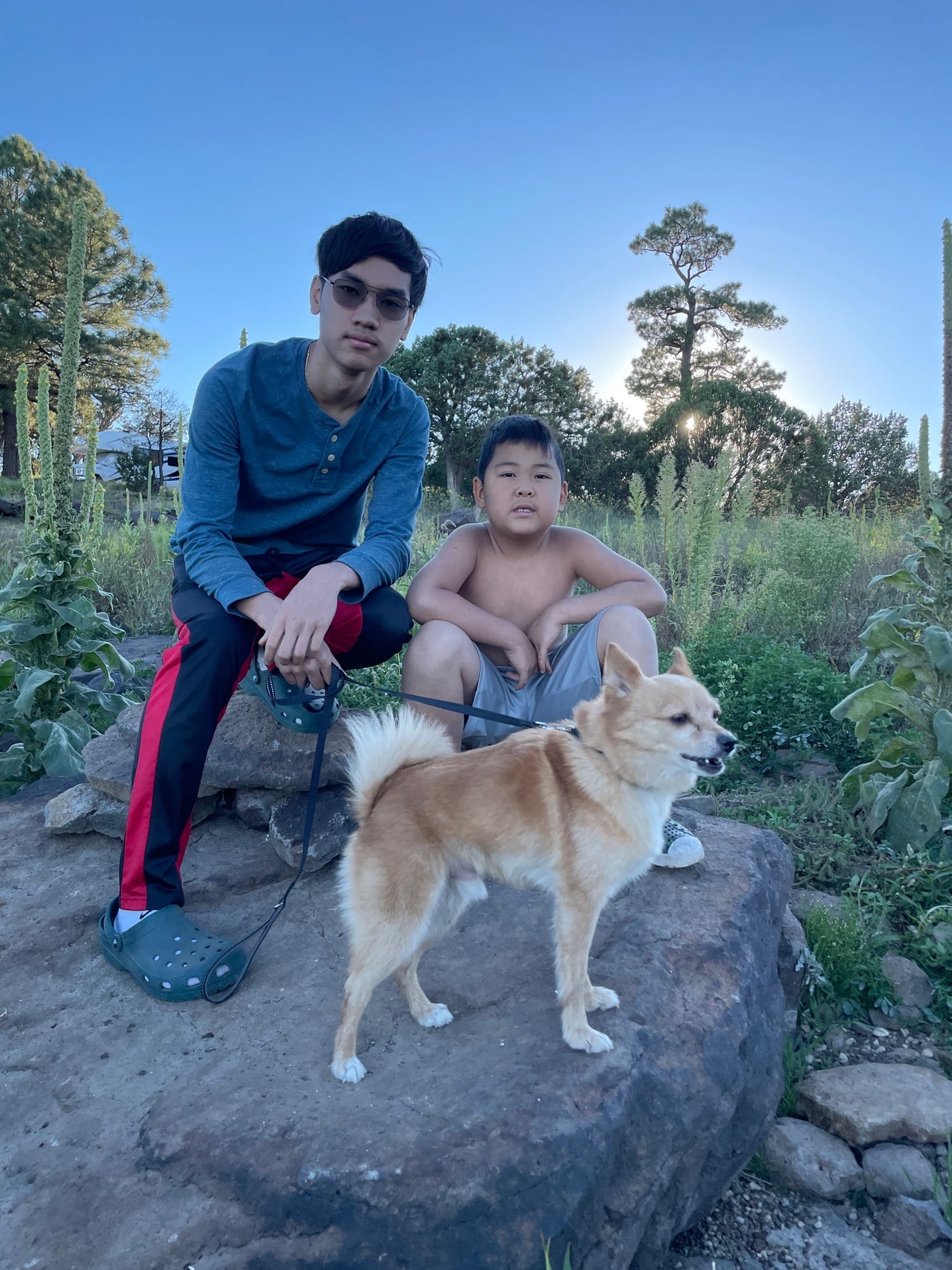 Two boys and their dog pose outdoors with an RV in the background, enjoying nature. Perfect for your next RV rental trip! — photo 9