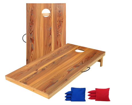 Wooden cornhole boards and beanbags, perfect for outdoor fun on your RV rental trip. Enjoy games and entertainment!