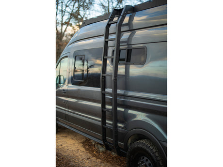Dark gray custom RV rental van with a side-mounted ladder and roof rack, parked outdoors.