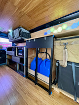 Explore this RV rental's organized camper van interior, featuring a functional kitchen area, water system, storage, and ambient LED lights.