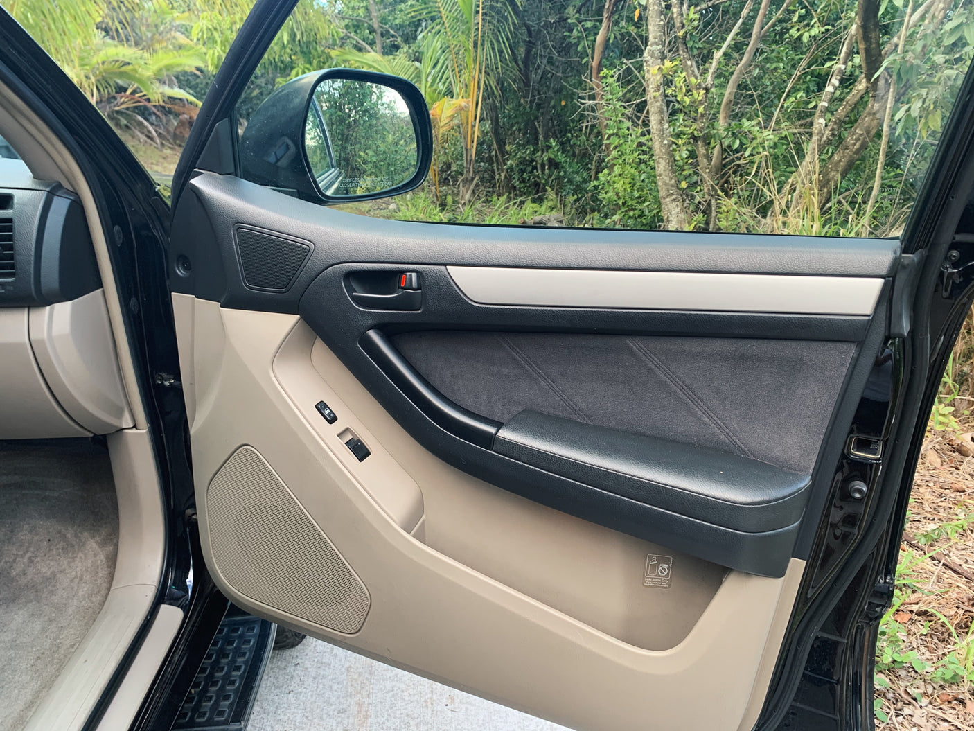 Open car door, revealing interior panels, window controls, and side mirror with outdoor trees for an RV rental trip.