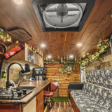 Cozy, custom-built camper van interior for your next rv rental adventure. Features a rustic kitchen, wood walls, and comfy seating.