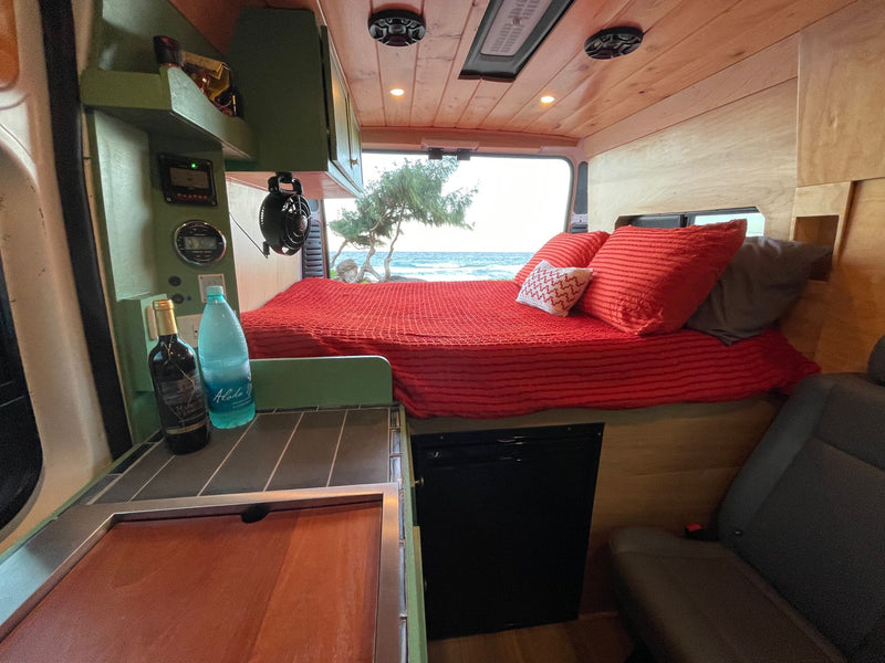  and a sink are on the counter.|Inside a modern RV rental: green cabinets — photo 8