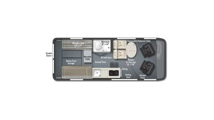 RV rental floor plan: overhead view of a camper with a Murphy bed, wet bath, kitchen, dining, and below-floor storage.
