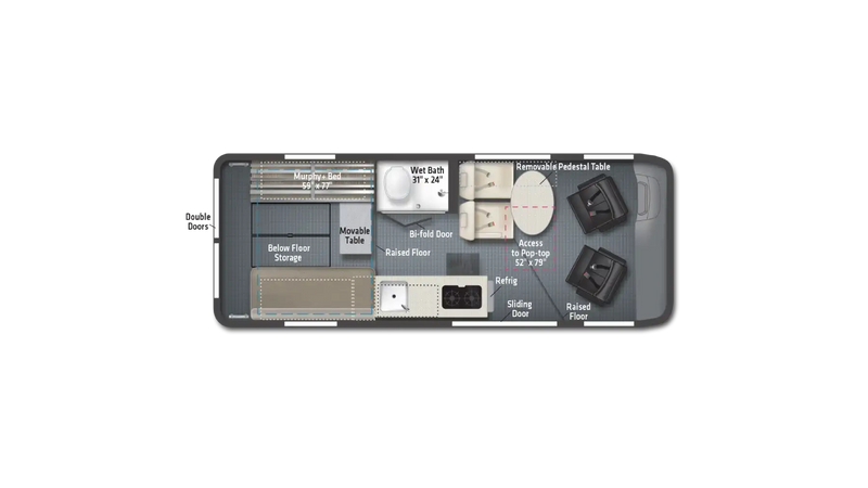 RV rental floor plan: overhead view of a camper with a Murphy bed, wet bath, kitchen, dining, and below-floor storage. — photo 5
