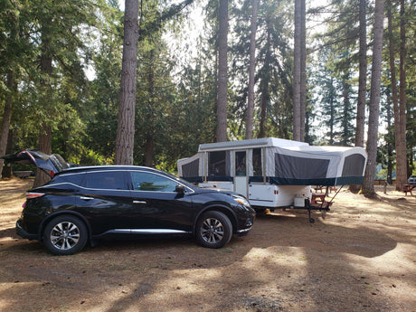 A black SUV and pop-up RV rental are set up for a sunny day camping in a lush forest campsite.