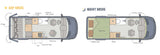 RV rental interior: Day & Night modes showing flexible living space, kitchen, bath, and queen bed. Great for travel.