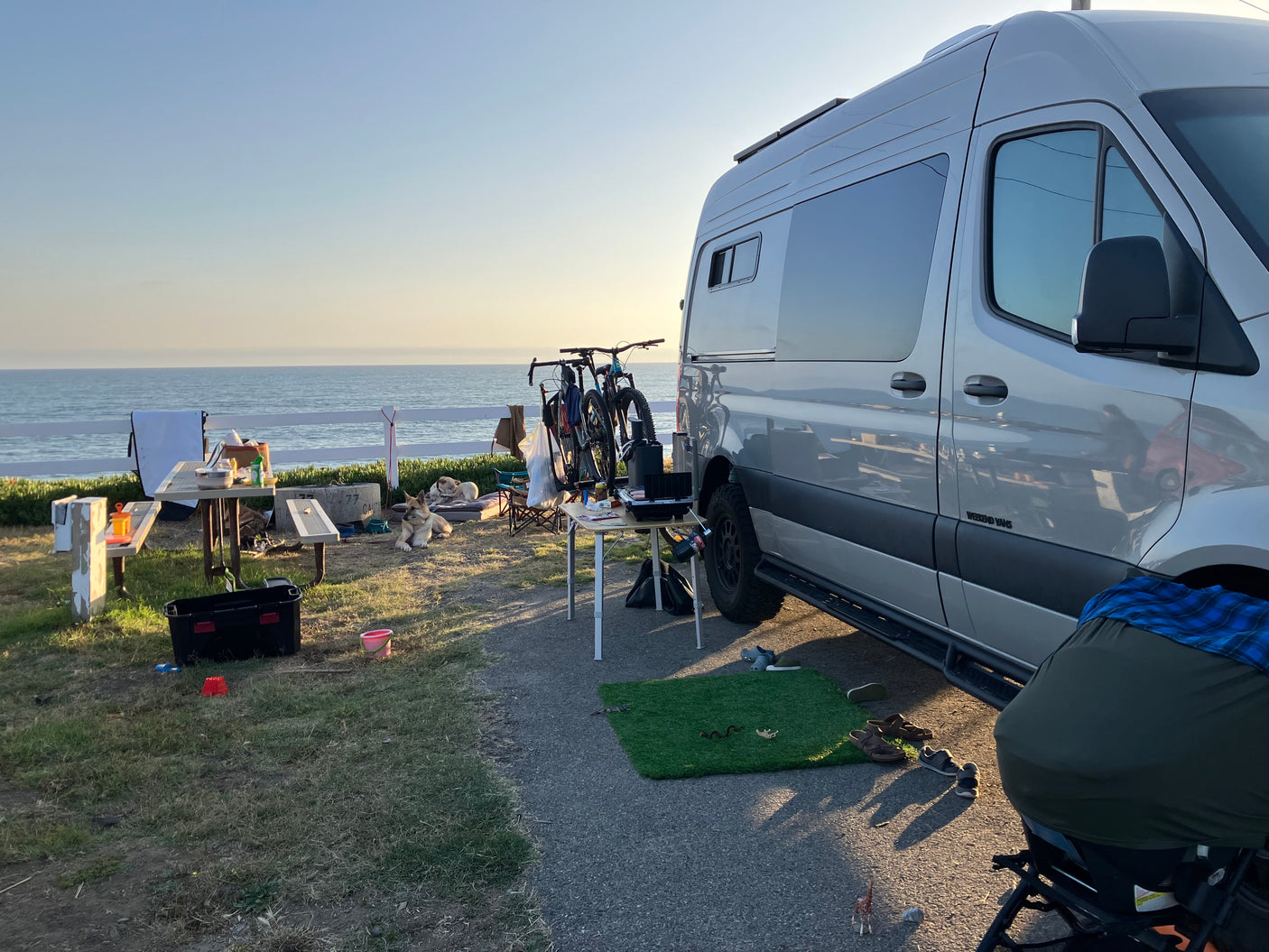 Camper van rental by the ocean, with bikes, dogs, and a family campsite setup on grass next to an asphalt path.