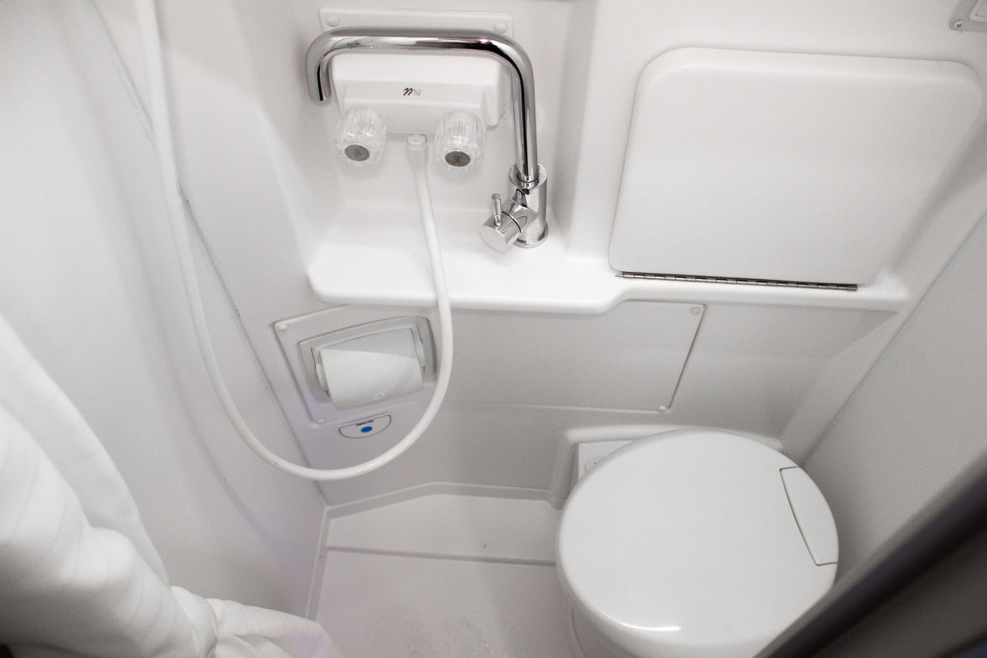 Inside an RV rental, this compact wet bath features a toilet, shower hose, and versatile faucet for efficient use.