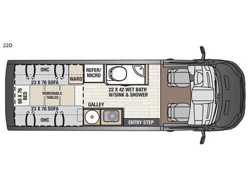 This RV rental floor plan (model 22D) displays its interior layout with a rear bed, sofas, kitchen, and wet bath.
