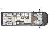 This RV rental floor plan (model 22D) displays its interior layout with a rear bed, sofas, kitchen, and wet bath.