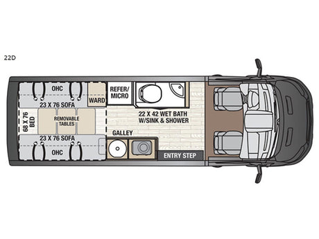 This RV rental floor plan (model 22D) displays its interior layout with a rear bed, sofas, kitchen, and wet bath.
