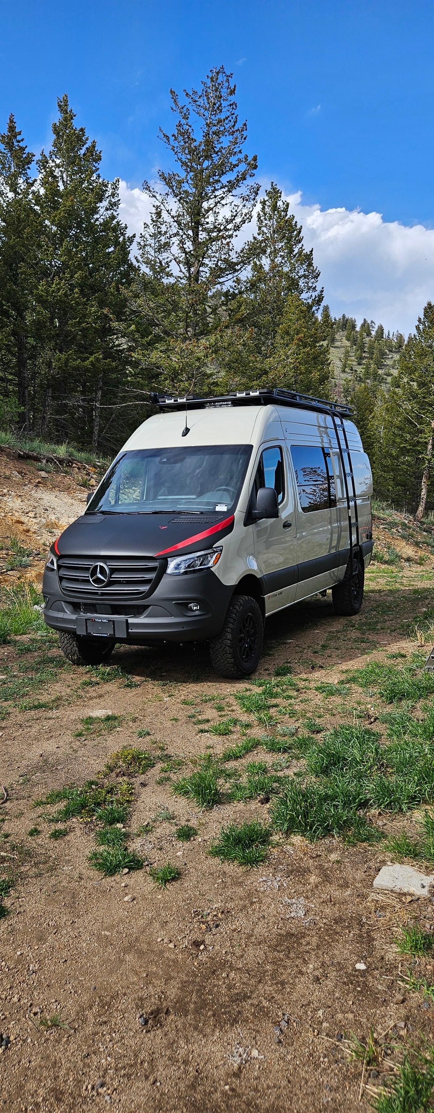 Light-colored Mercedes Sprinter camper van, with a roof rack and ladder, ideal for an RV rental, parked in a dirt forest clearing.