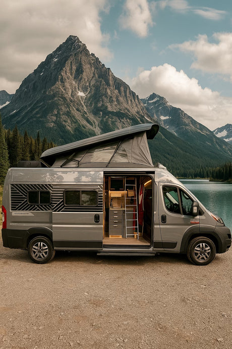 Grey rv rental campervan with pop-top extended, side door open to its interior, parked by a lake & mountains.