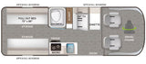 RV rental floor plan featuring a pull-out bed (72"x66") with storage, shower, kitchen with fridge/micro, dinette, TV, and swivel chairs.