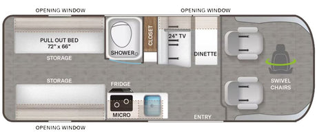 RV rental floor plan featuring a pull-out bed (72"x66") with storage, shower, kitchen with fridge/micro, dinette, TV, and swivel chairs.
