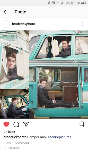 A collage of photos: A young man poses with a retro teal RV rental camper van for his senior pictures.