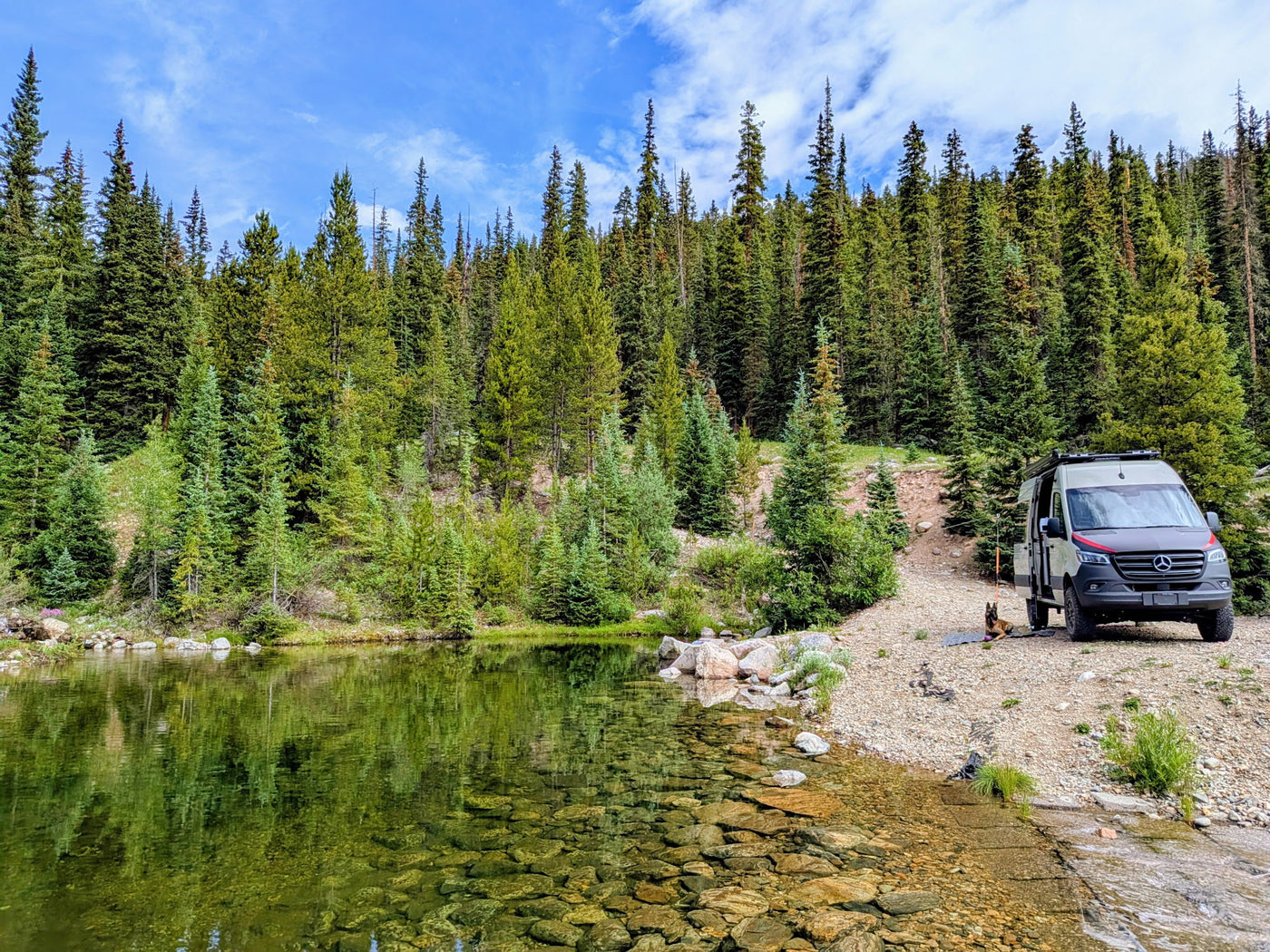 Grey camper van and dog next to a clear mountain lake with pine forests. Great spot for an RV rental escape.