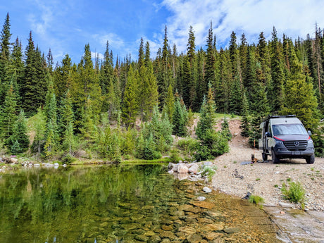 Grey camper van and dog next to a clear mountain lake with pine forests. Great spot for an RV rental escape.
