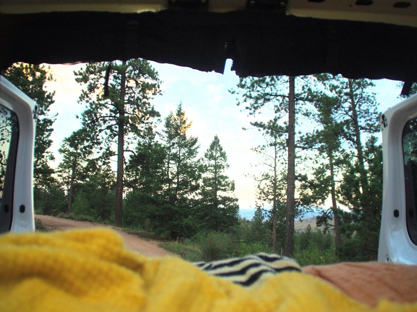  with doors open to nature for travel.|Open rear doors of an **rv rental** camper van reveal a cozy bed and bug screen — photo 12