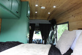 Cozy rv rental camper van interior with a bed, green cabinets, wooden ceiling, and wine set up for a relaxing trip.