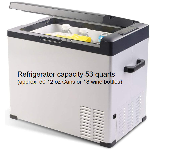 Ideal for rv rental! This 53-quart portable fridge holds ~50 cans or 18 wine bottles, perfect for road trips.