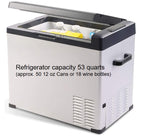 Ideal for rv rental! This 53-quart portable fridge holds ~50 cans or 18 wine bottles, perfect for road trips.
