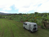 RV rental at a serene banana farm. Grey camper van with solar panels & roof rack amidst tropical greenery.