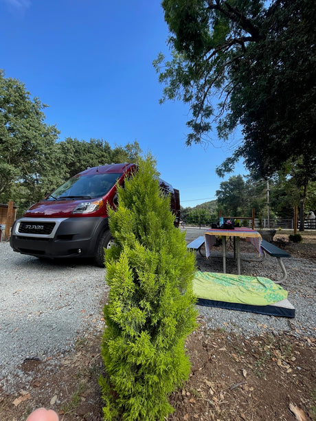 Red RAM ProMaster RV rental at a gravel campsite with a picnic table and shade trees, perfect for outdoor adventures.