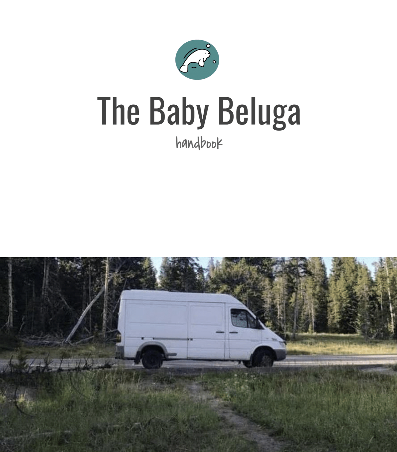 A white van, perfect for an rv rental, parked by a forest, hinting at Baby Beluga handbook adventures.