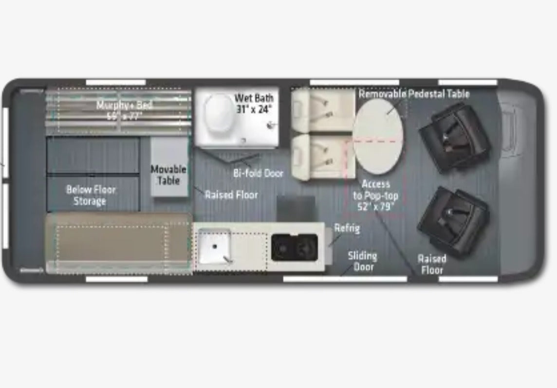 RV rental van layout: This compact van features a Murphy bed, wet bath, kitchen, dinette, and front swivel seats.