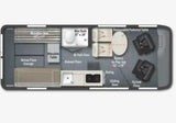 RV rental van layout: This compact van features a Murphy bed, wet bath, kitchen, dinette, and front swivel seats.