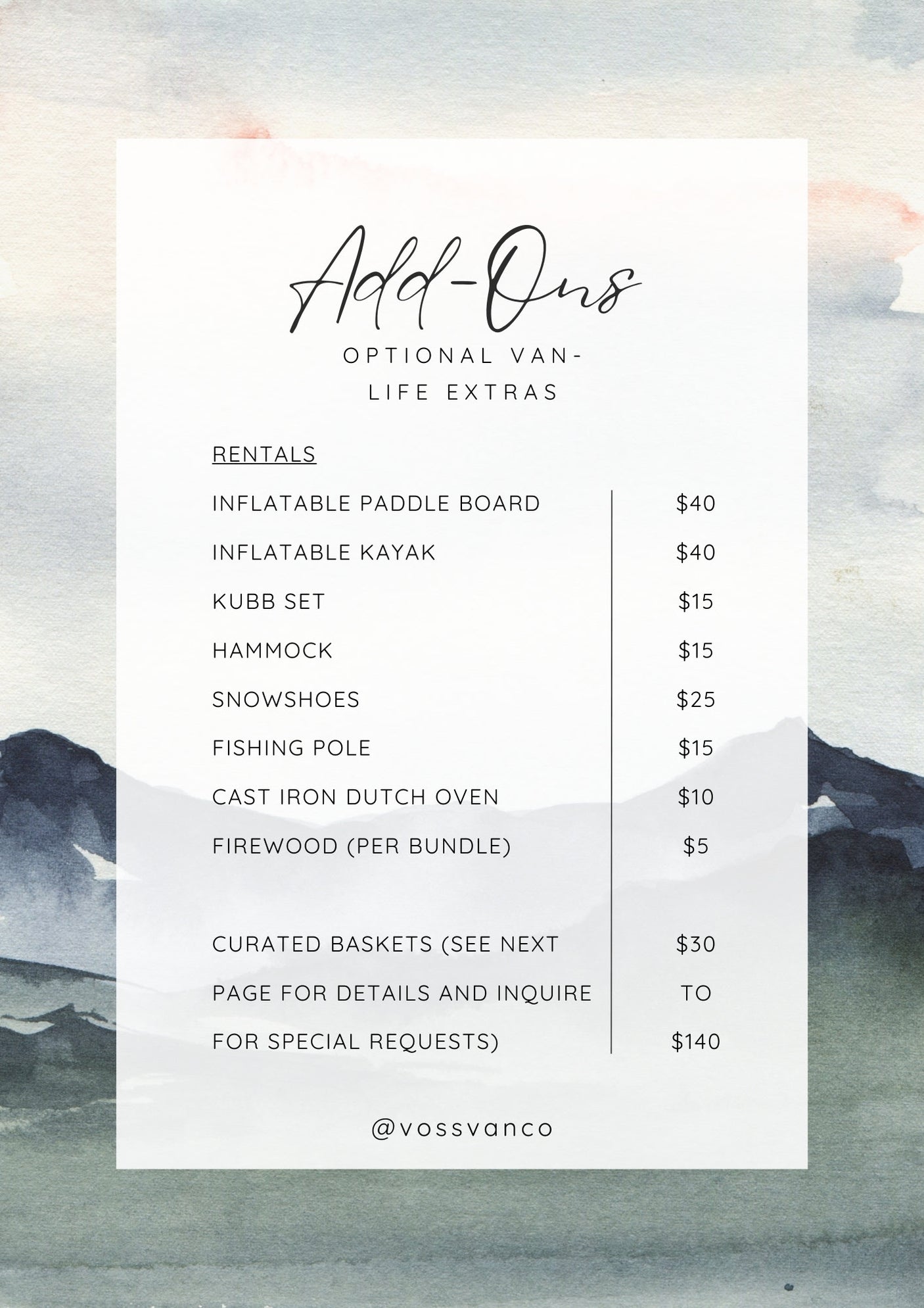This RV rental add-ons price list features optional van-life extras like paddleboards, kayaks, and curated baskets, with prices from $5-$140.