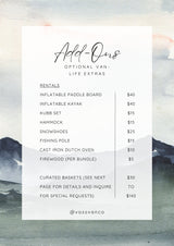 This RV rental add-ons price list features optional van-life extras like paddleboards, kayaks, and curated baskets, with prices from $5-$140.