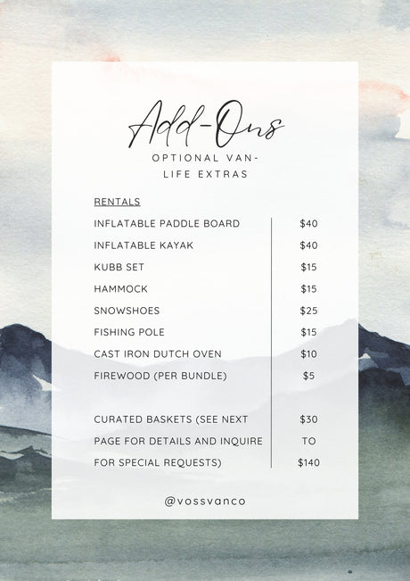 This RV rental add-ons price list features optional van-life extras like paddleboards, kayaks, and curated baskets, with prices from $5-$140.