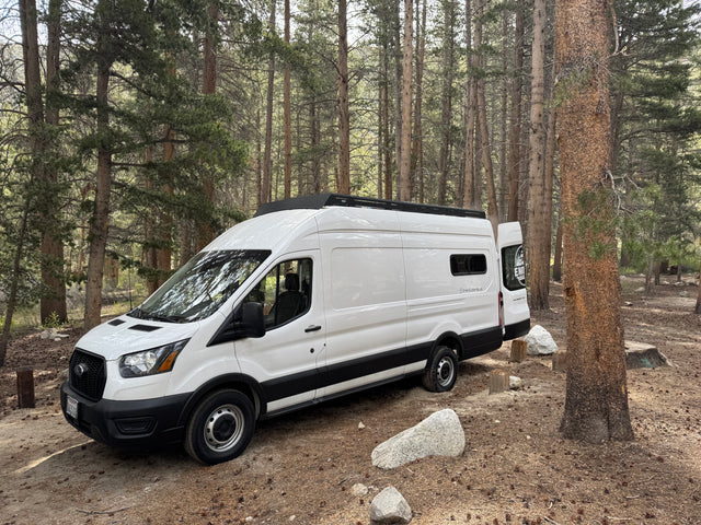 White Ford Transit camper van parked in a serene pine forest, ideal for an RV rental getaway.
