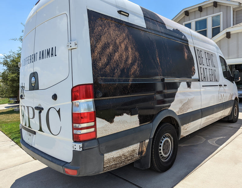 A white Mercedes-Benz Sprinter van, often used for RV rental conversions, sports bold "EPIC" branding & a bison wrap. — photo 2