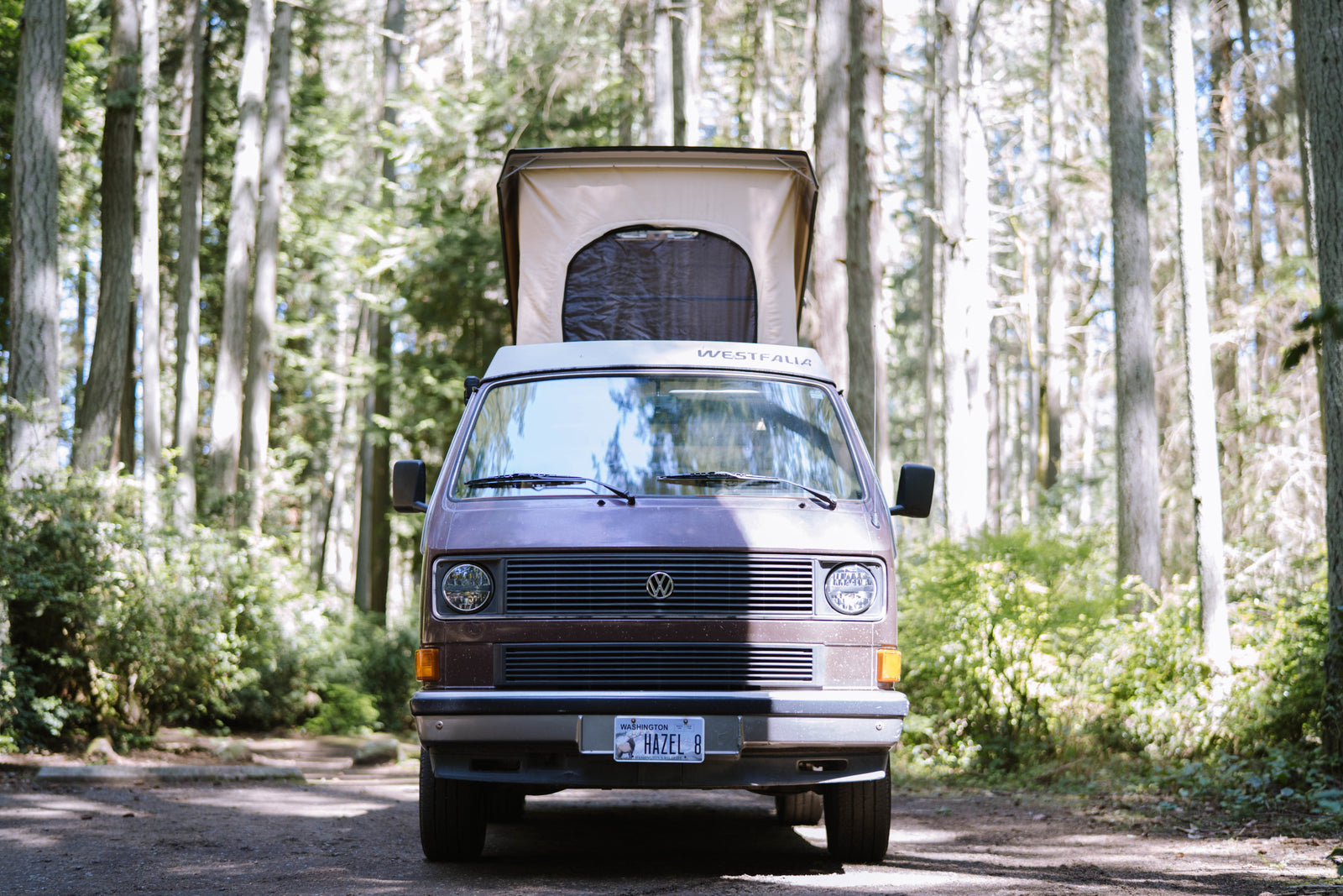 Front view of a Westfalia camper van, perfect for rv rental, parked in a sunny forest with its pop-top extended.