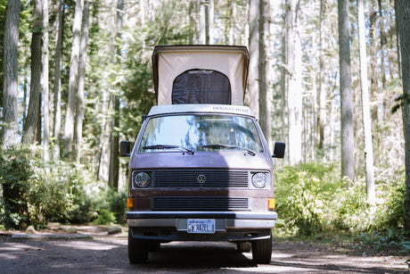 Front view of a Westfalia camper van, perfect for rv rental, parked in a sunny forest with its pop-top extended.