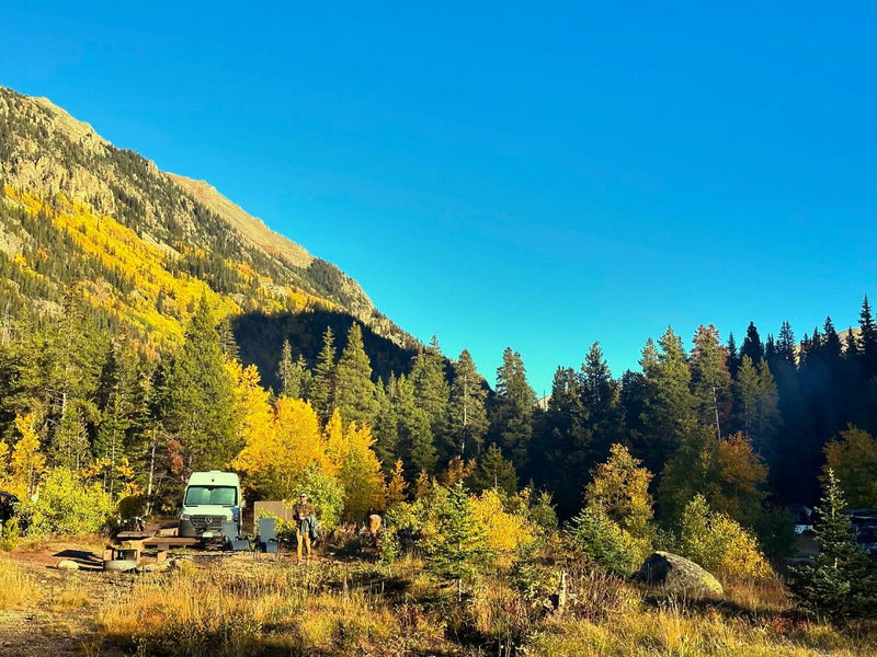  ready for a pet-friendly adventure.|A couple and their two Golden Retrievers smile from inside their pet-friendly RV rental.|Autumn mountain camping with an RV rental amidst golden trees and clear skies. Perfect nature escape.|An RV rental drives a sunlit dirt road amidst vibrant yellow fall foliage — photo 4