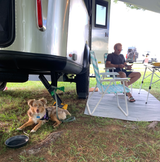 A man relaxes outside his RV rental with his dog at a campsite, enjoying the outdoor life.