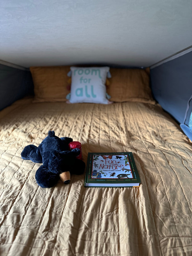 Your rv rental offers a comfy bed! Enjoy "Fun with Nature" with a stuffed bear, plus a pillow saying "room for all." — photo 20