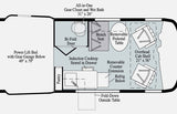 Detailed RV rental floor plan shows a compact camper layout with a rear lift bed, mid wet bath, kitchen, and front dining/cab.