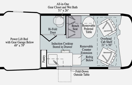 Detailed RV rental floor plan shows a compact camper layout with a rear lift bed, mid wet bath, kitchen, and front dining/cab.